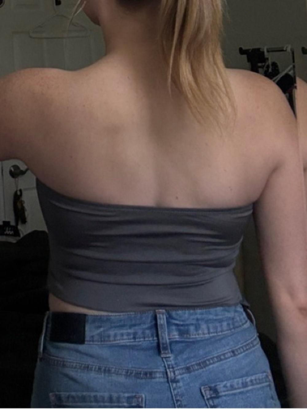 Strapless Asymmetrical Drawstring Tube Top - Charcoal Gray - Picture 3 of 3